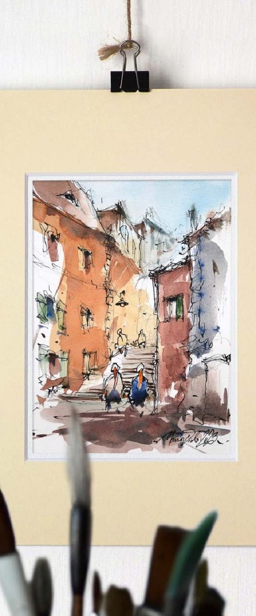 Cityscape, Urban Watercolor Painting of Sibiu. by Marin Victor