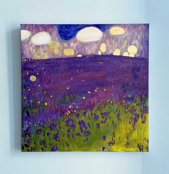 Contemporary Abstract Purple Lavender & Gold Leaf Clouds.