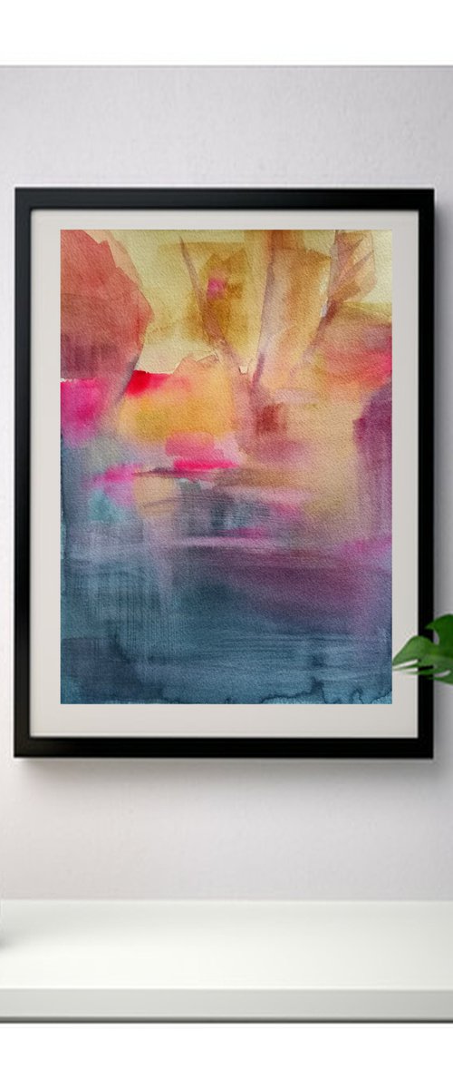 Reflections - Original Watercolour. Semi-abstract fantasy in warm colours by Daniela Roughsedge
