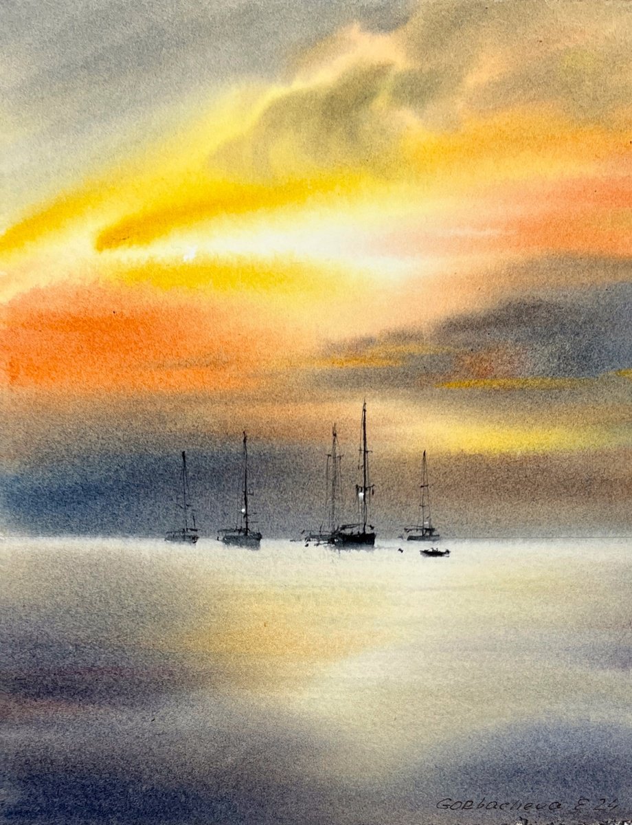 Eugenia Gorbacheva | Original Watercolour | Yachts At Sunset #12 | 16 X 21Cm | Artwork For Sale On Artfinder