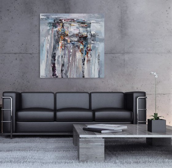 Gray Abstract Painting - 90 x 90 cm - Original oil painting