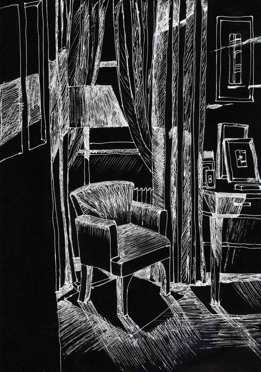 Art deco interior with chair - black and white graphic by Dmitry King
