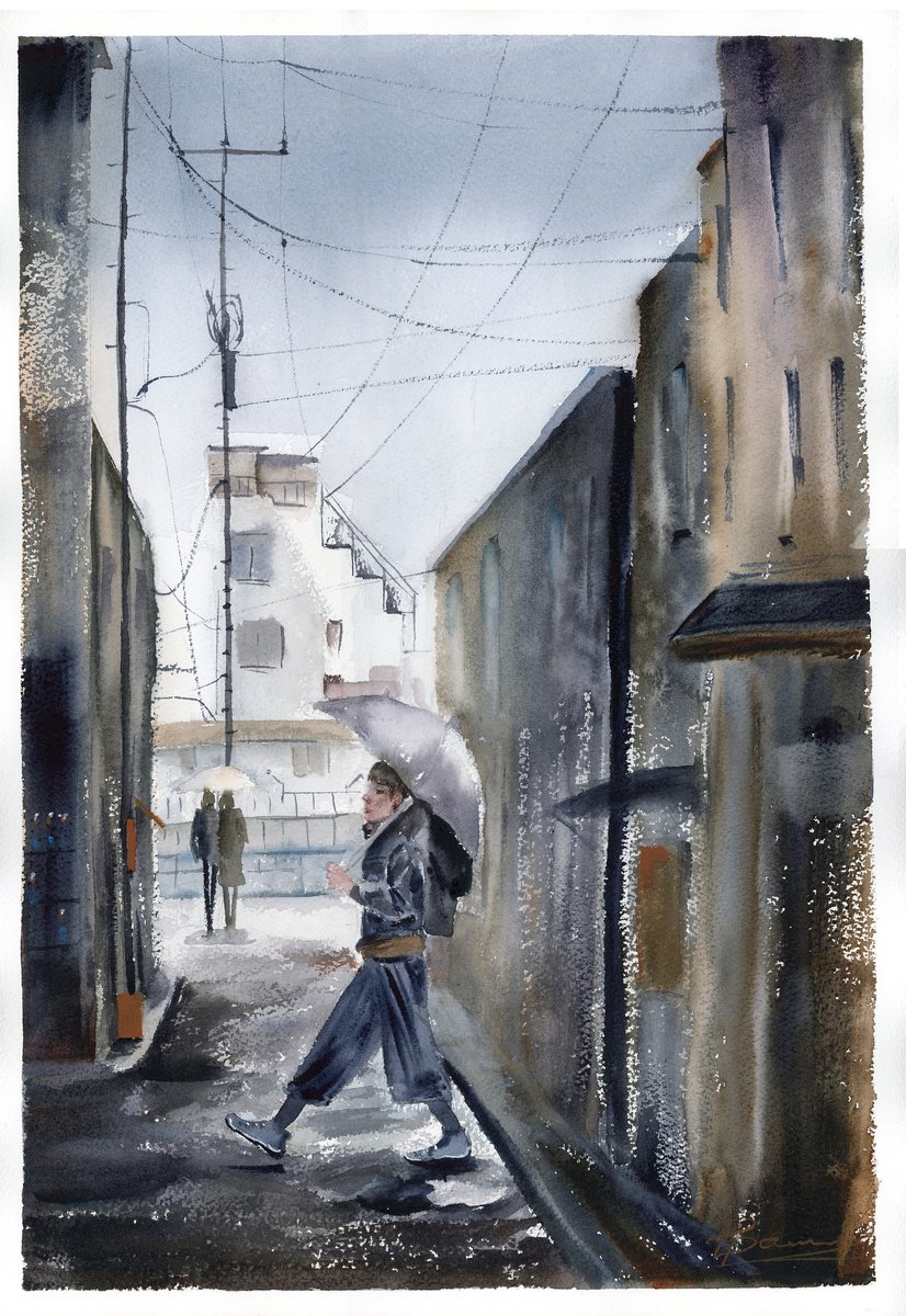 Impressionistic Watercolour , Rainy Alley Stroll By Olga Tchefranov (Shefranov), 14 X 20, Artwork For Sale On Artfinder