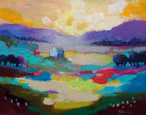 Alone in the Valley 14x11" Colorful Abstract Landscape Painting Original