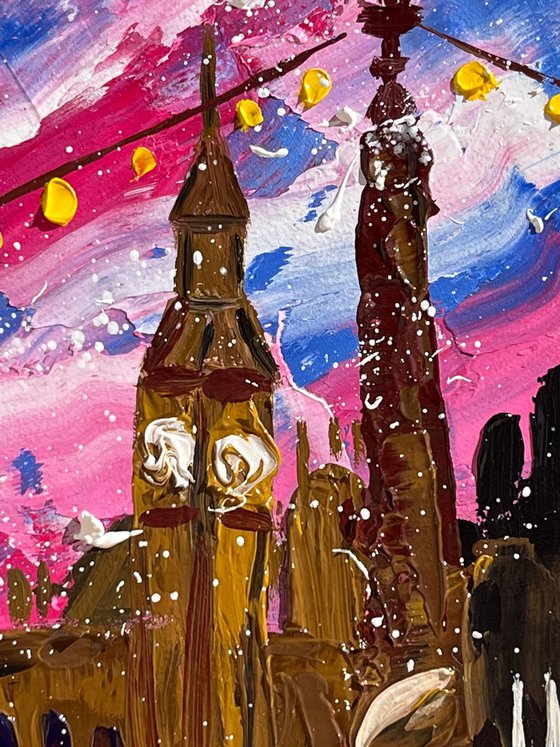 London Painting Cityscape Original Art Street Lights Impasto Oil Big Ben Artwork Small Home Wall Art 6 by 8" by Halyna Kirichenko