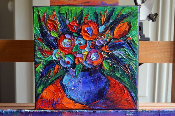 Abstract Bouquet On Vermilion Table - Modern impressionist Impasto Palette Knife Oil Painting on canvas