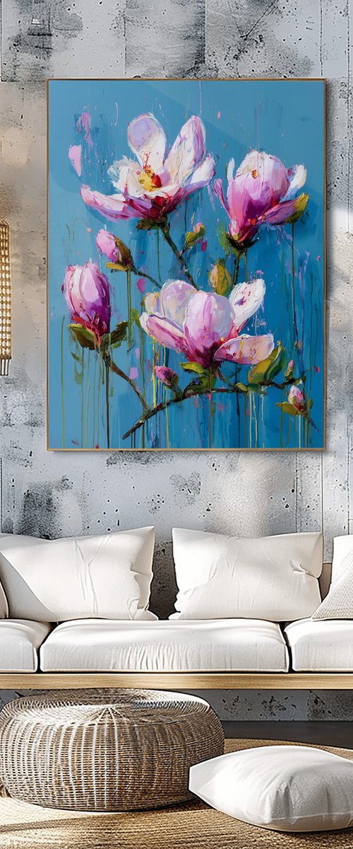 Magnolia on Turquoise Blue by Mily Art