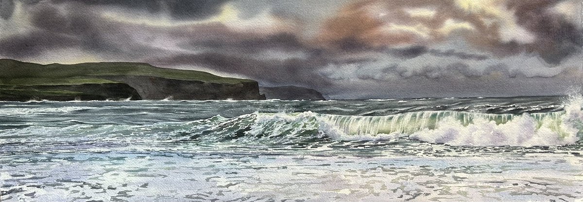 Impressionistic Landscape Watercolour By Alina Karpova, 30 X 11, Morning At The Doolin Pier, Original Artwork