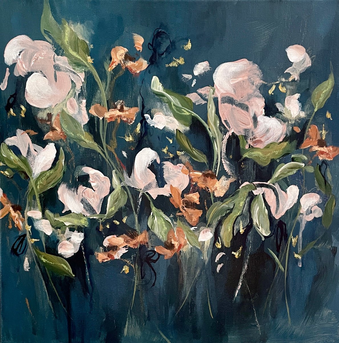 Organic Botanical Acrylic Painting By Nicole Esposito Woodall, 14 X 14", Tending Fireflies Ii, Original Artwork