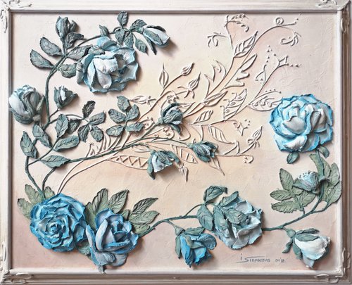 Blue flowers - a framed relief landscape painting with blue roses on a white background, original textured wall relief, decor, bas relief, home decor, gift idea, 55x45x6 cm by Irina Stepanova