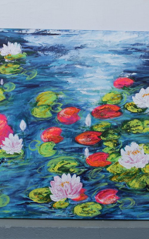 White Lily pond painting - Claude Monet inspired acrylic painting - palette knife -impressionistic - lotus pond - by Vikashini Palanisamy