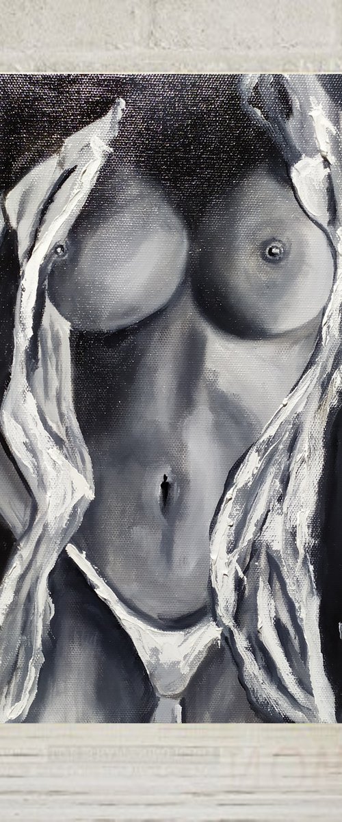 Hot girl, original erotic nude black and white oil painting, gift idea by Nataliia Plakhotnyk