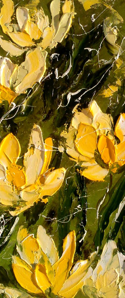 Tulips Painting Floral Original Art Abstract Yellow Flowers Small Oil Artwork Home Wall Art 8 by 8" by Halyna Kirichenko by Halyna Kirichenko