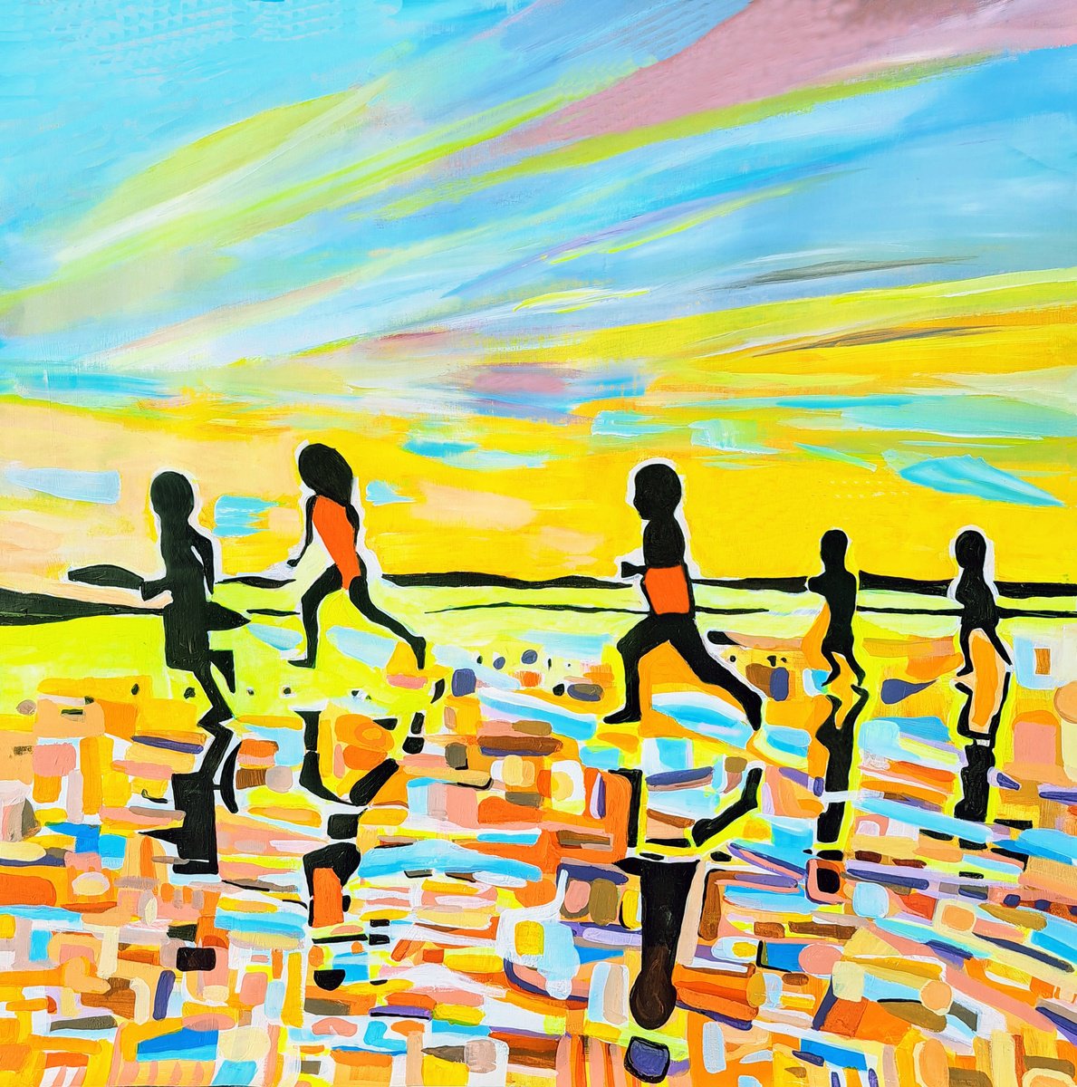 Expressive Landscape Acrylic Painting By Sanja Jancic, 40 X 40", Sunset Reflections, Original Artwork