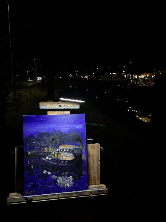 Nighttime Dutch canal boat