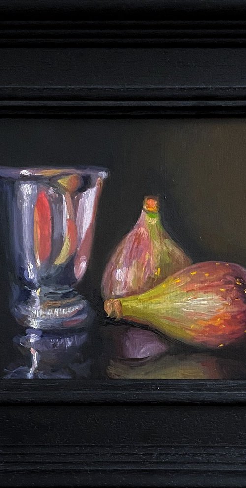Figs & Silver Pot Still Life original oil realism painting, with wooden frame. by Jackie Smith