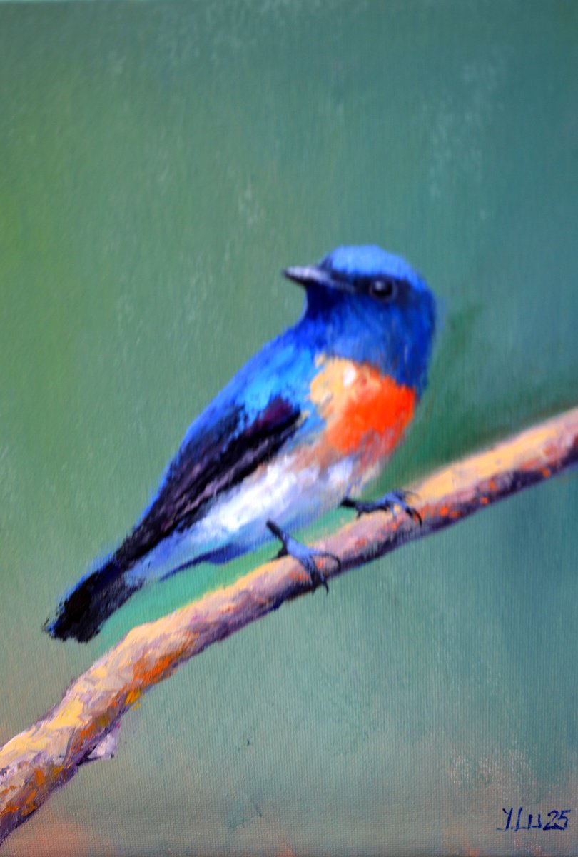 Expressive Animal Oil Painting By Elena Lukina, 8 X 12, Bird On A Branch, Original Artwork