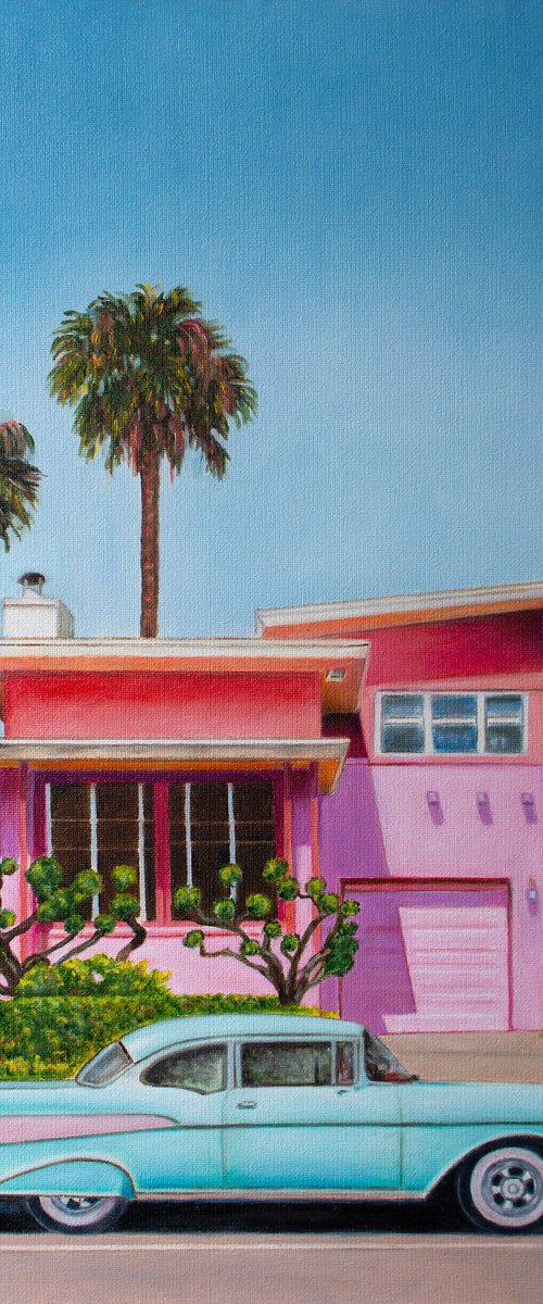 PINK AND TURQUISE by Vera Melnyk (Vintage California Vibes: Pink House, Turquoise Buick, Palm Trees - Ideal for Art Collectors) by Vera Melnyk