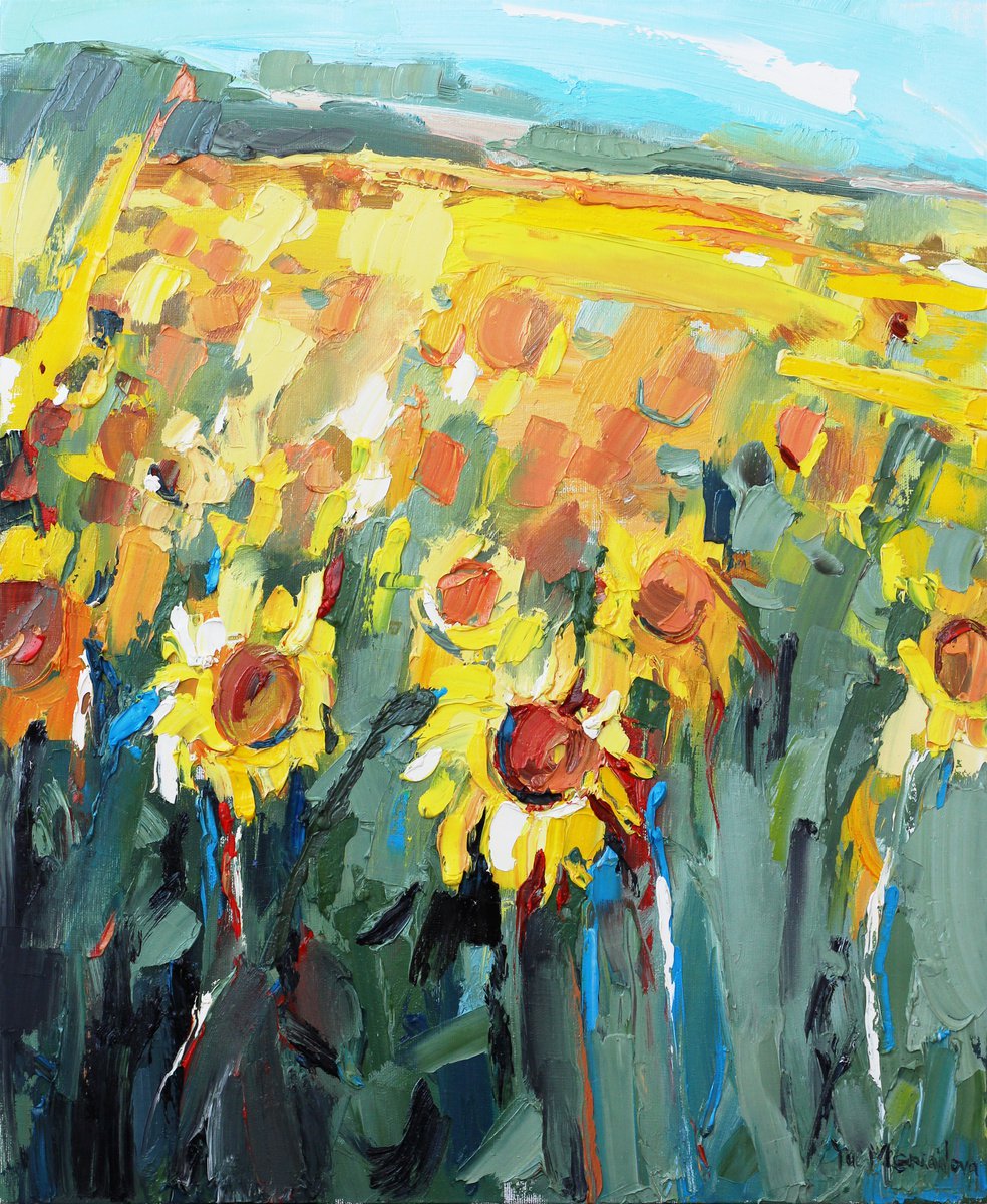 Sunflower - Yellow flowers - Landscape summer - Oil painting by Yuliia Meniailova