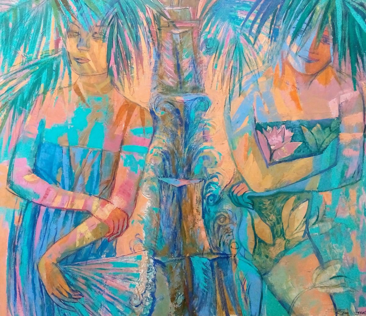 Impressionistic Portrait Oil Painting By Olena Kondratiuk, 39 X 33", Under The Palm Trees, Original Artwork