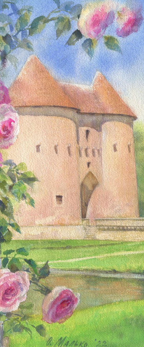 The roses of the Ainay-le-Vieil Castle / ORIGINAL watercolor 11x15in (28x38cm) by Olha Malko