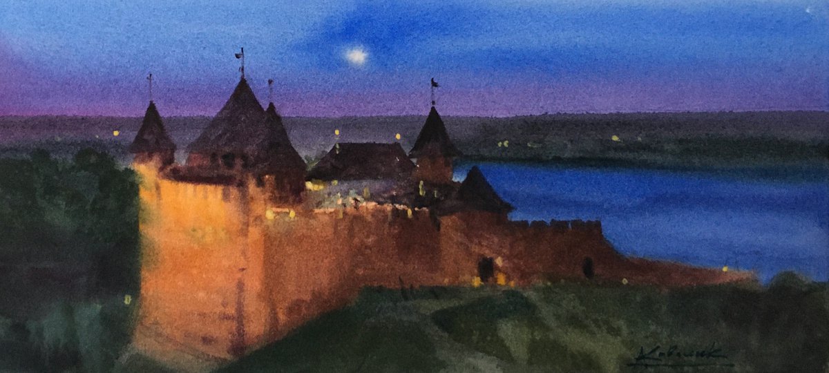 Impressionistic Cityscapes Watercolour By Andrii Kovalyk, 15 X 7, Evening Fantasy Khotyn, Original Artwork