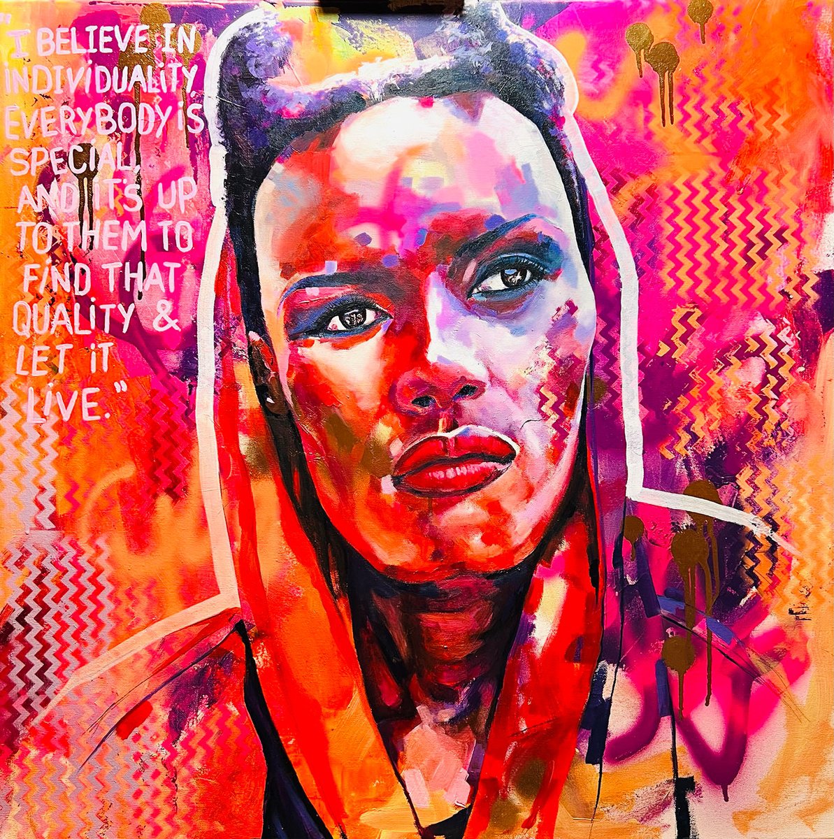 Expressive Portrait Acrylic Painting By Kirsten Todd, 31 X 31", Iconic Women - Grace Jones, Original Artwork