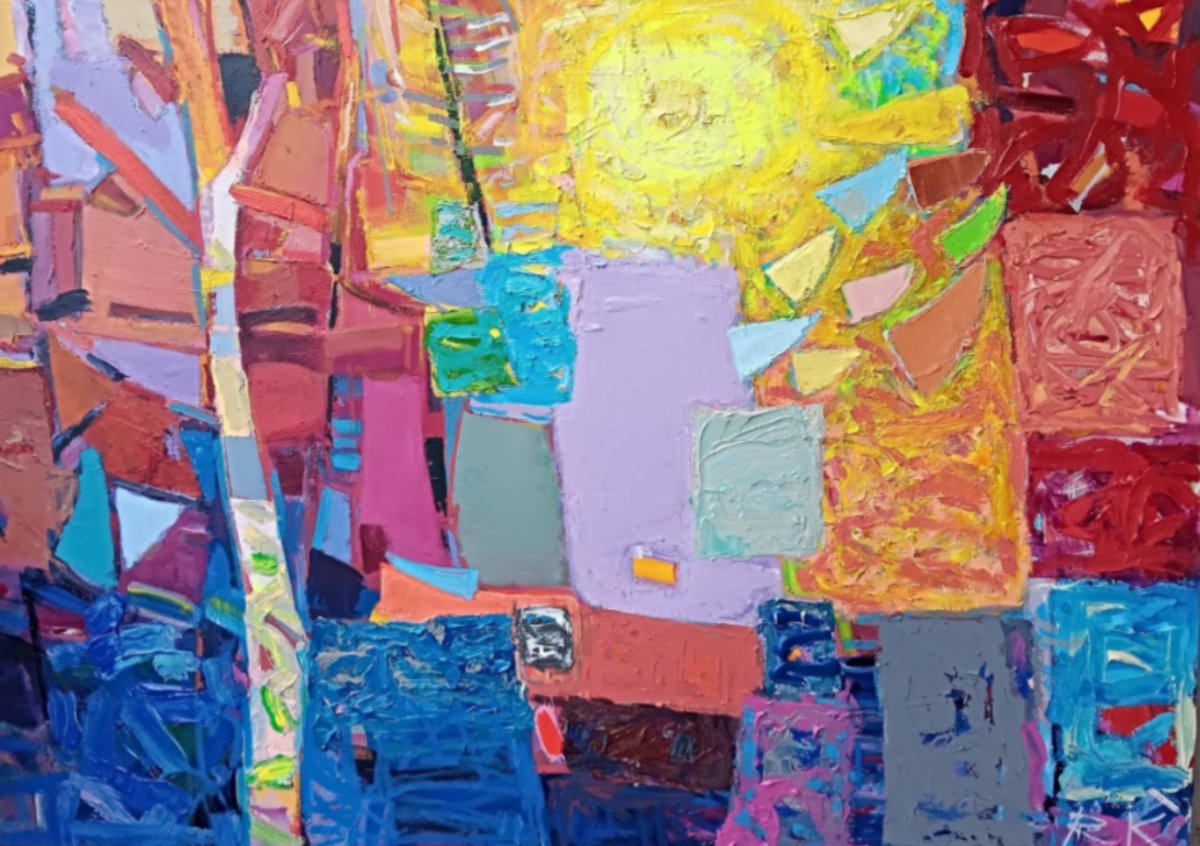 Abstract Landscape Acrylic Painting By Ruslan Khais, 48 X 36", First Day Of Summer, Original Artwork