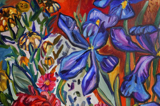 Still Life with Waratah and Blue Irises