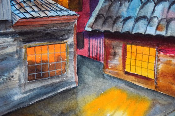 Norwegian watercolor painting Bryggen wooden houses in Bergen, Norway