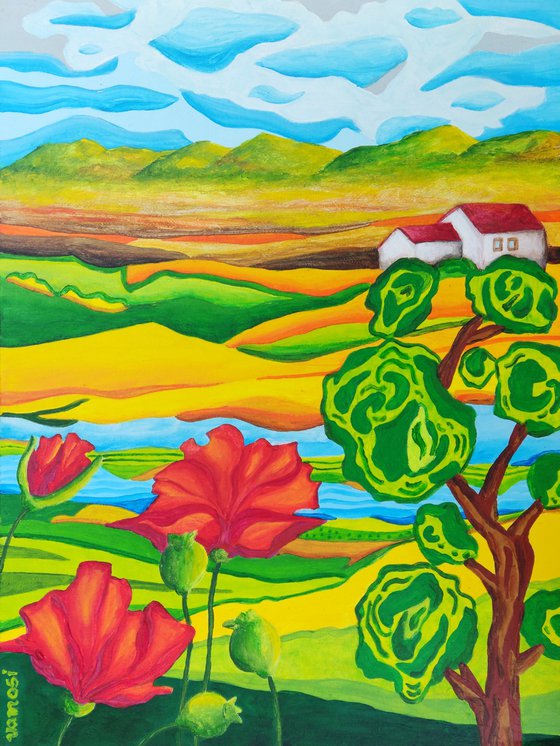 Spring country landscape with poppies
