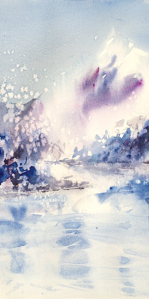 Winter phantasy. Frozen landscape with snow, mountain and frozen lake. Original watercolor. Medium size watercolor natural sky blue dramatic impressionism impression decor by Sasha Romm