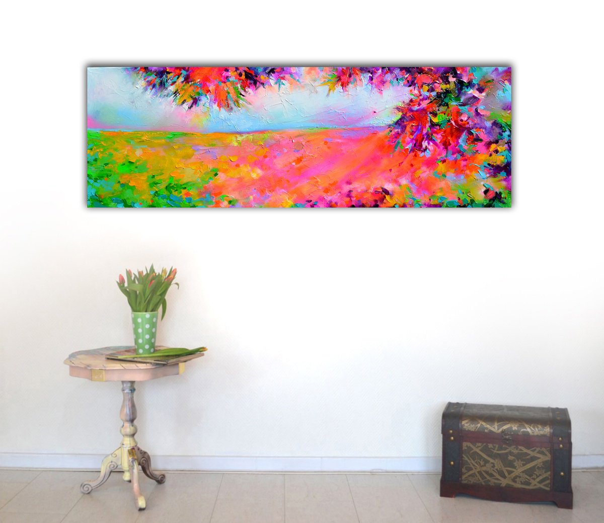 Impressionistic Landscape Acrylic Painting By Soos Roxana Gabriela, 47 X 16", Autumnal Japanese Garden, Original Artwork