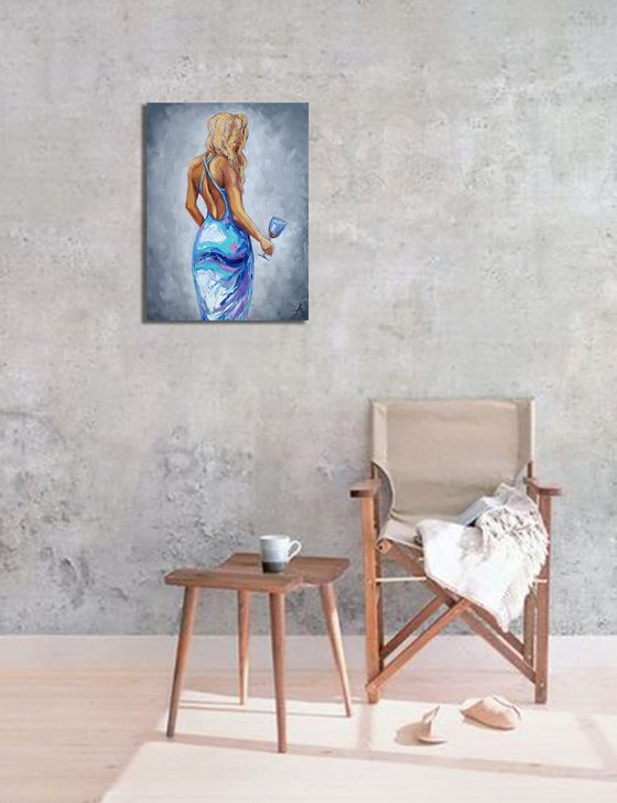 Grace of a woman - dress, woman oil painting, wine, female back, woman and wine, girl