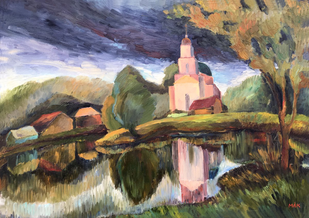 TEMPLE OVER THE WATER - impressionistic landscape with stormy sky and an old church on the... by Irene Makarova