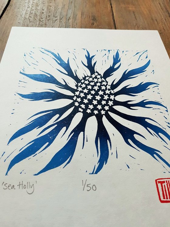 Sea Holly, Prussian blue Lino print, lino cut