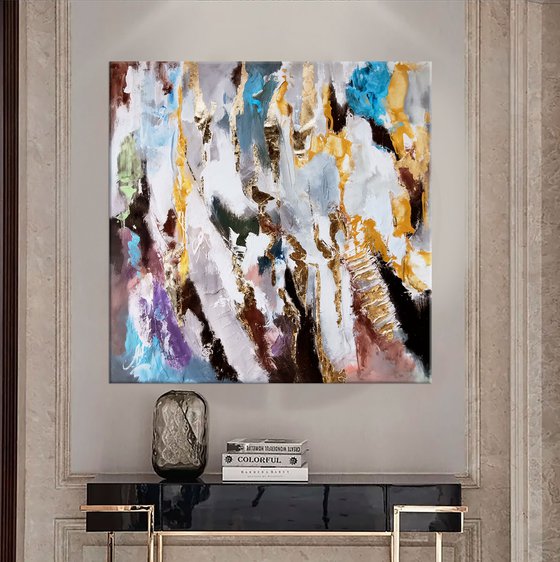 Large abstract painting on canvas, Sparkling gold leaf artwork with texture.