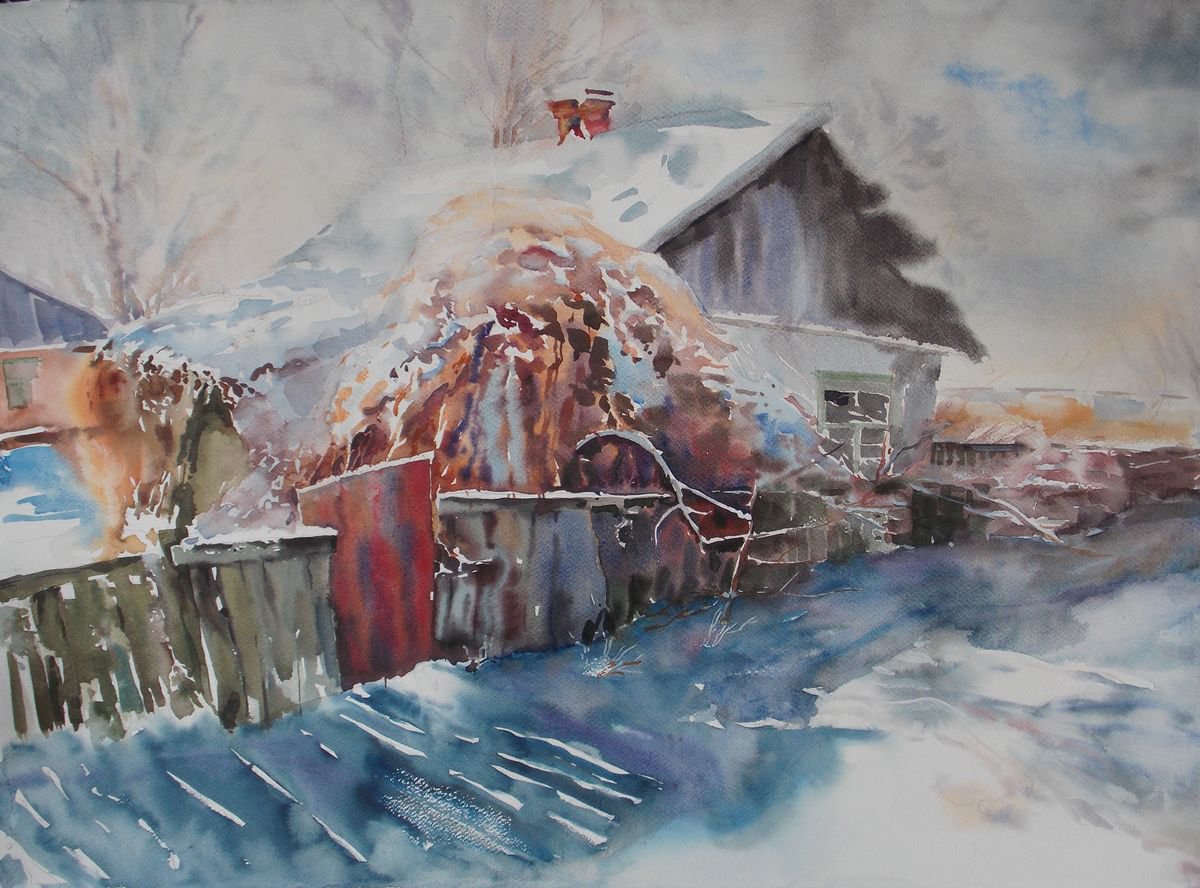Impressionistic Landscape Watercolour By Yurii Pashkov, 30 X 22", Winter, Original Artwork