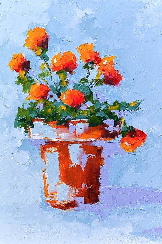 Abstract still life painting. Original Oil painting with flowers in vase
