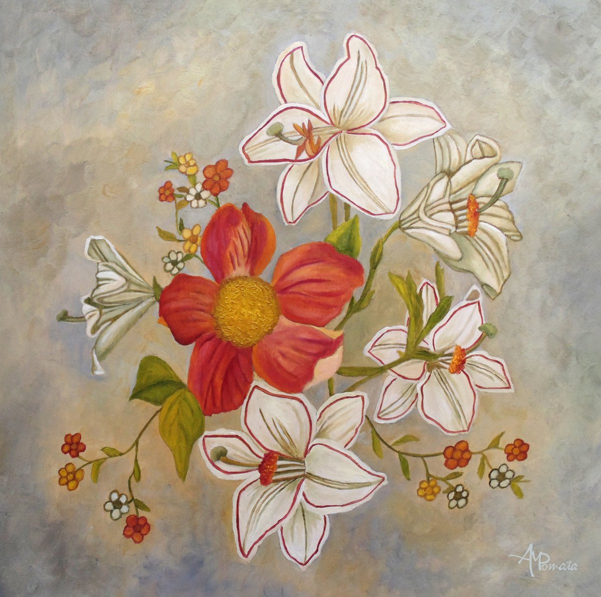 Impressionistic Botanical Oil Painting By Angeles M. Pomata, 12 X 12, Cheering Up Your Day, Original Artwork