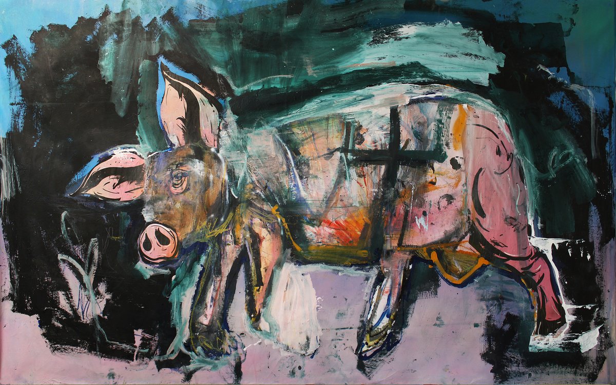 Expressive Animal Oil Painting By Milos Hronec, 108 X 67", Big Pig, Original Artwork