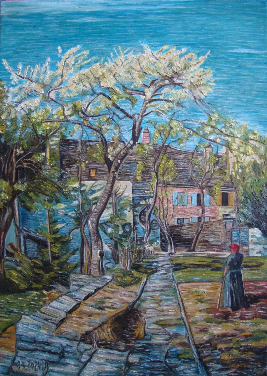 Impressionistic Landscape Oil Painting By Olga Knezevic, 20 X 28", Cherry Trees In Bloom, Original Artwork