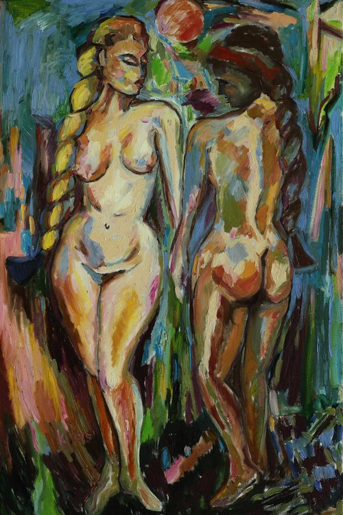 ONE SUN FOR TWO - Gemini zodiac sign- large nude art, original oil painting, two girls nudes, figurative, love, lovers, sun, erotic, erotism, office interior home decore  180x120 by Karakhan