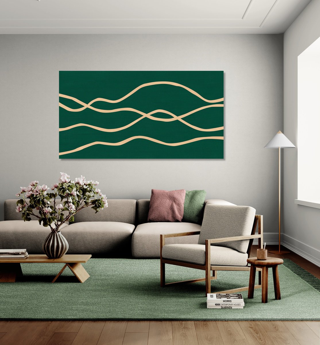 Abstract Landscape Acrylic Painting By Marina Krylova, 59 X 31", Minimalistic Landscape #68, Original Artwork