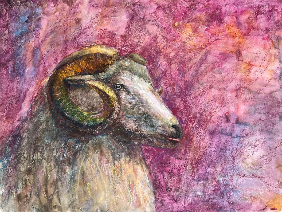 LUCKY SHEEP- Pastel and watercolor drawing on paper, original gift, bright pink, animal, g... by Tatsiana Ilyina