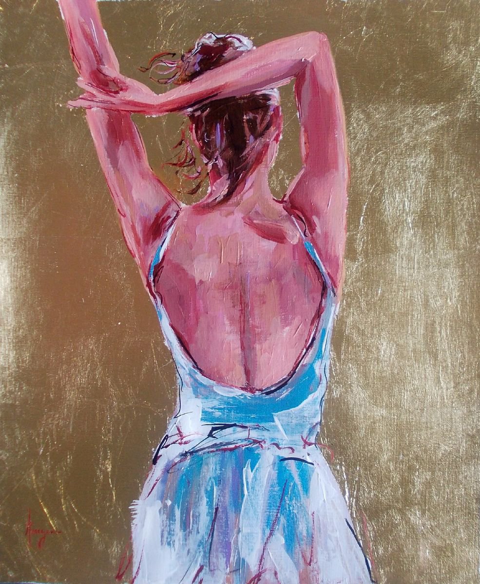Golden Moment -Ballerina Acrylic Mixed Media Art on Paper by Antigoni Tziora