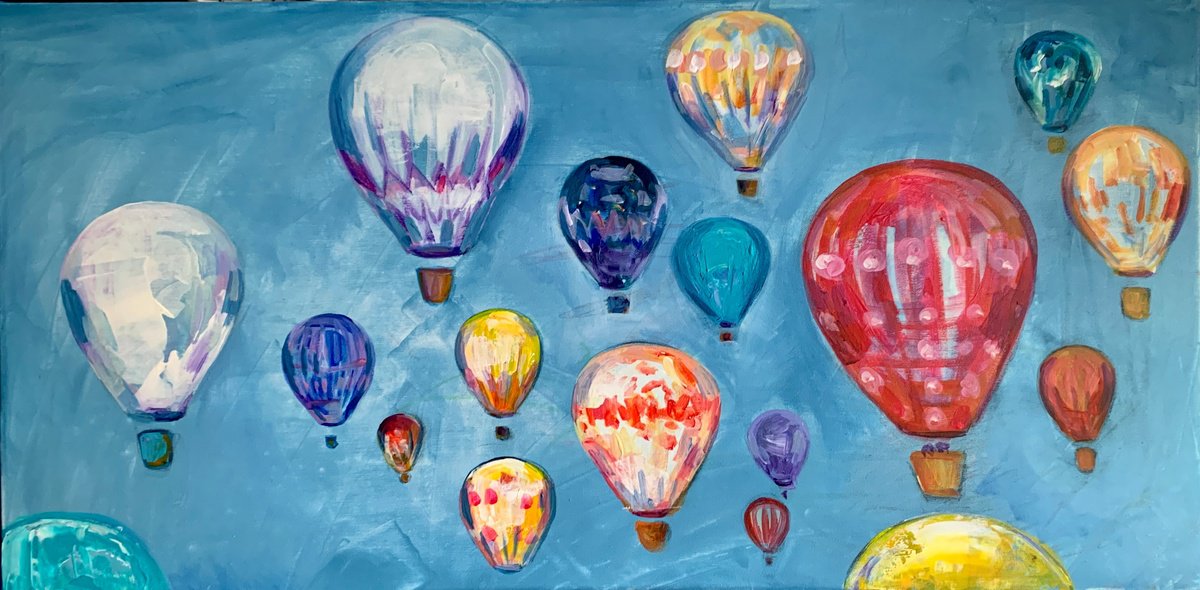 Impressionistic Landscape Acrylic Painting By Olga Pascari, 39 X 20", Hot Air Balloon, Original Artwork