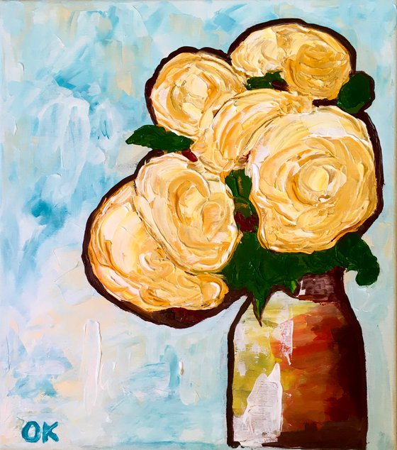 BOUQUET OF Yellow  Roses  #10 palette  knife Original Acrylic painting office home decor gift