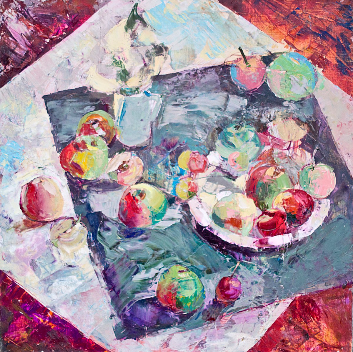Expressive Oil Painting , Still Life With Apples By Florina Breazu, 24 X 24, Artwork For Sale On Artfinder
