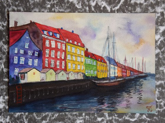 Denmark watercolor painting Harbour Nyhavn with ships in rainy Copenhagen